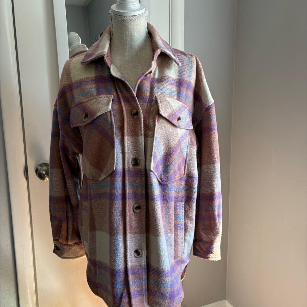 SO Women's Flannel Wool Jacket, Pink Cream and Blue, Oversized Fit! M/L